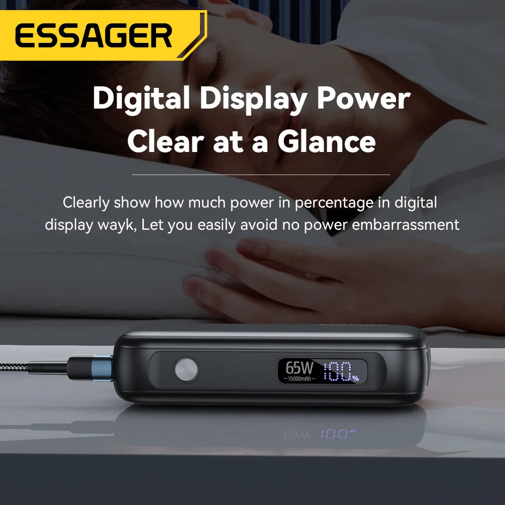 Essager 15000mAh Power Bank – Portable External Battery Pack with USB-C Cable, 65W Fast Charger for iPhone, iPad, MacBook
