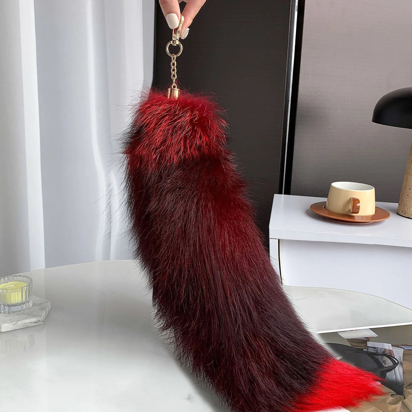 Natural Fox Fur Tail Keychain – 40cm Furry Racoon Bag Charm & Fluffy Keyring Accessory for Women