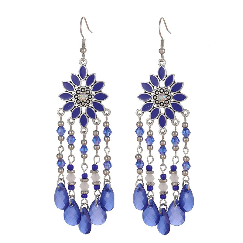 Bohemian Water Drop Tassel Earrings - Vintage Crystal Bead Long Dangle Jewelry for Women