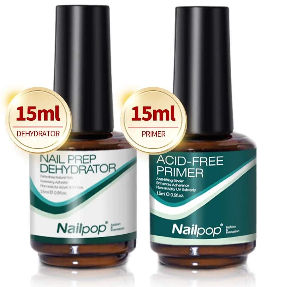 Nailpop Nail Dehydrator & Primer — Acid-Free Natural Nail Prep for Acrylic & UV Gel, Fast Dry Superior Bonding Set