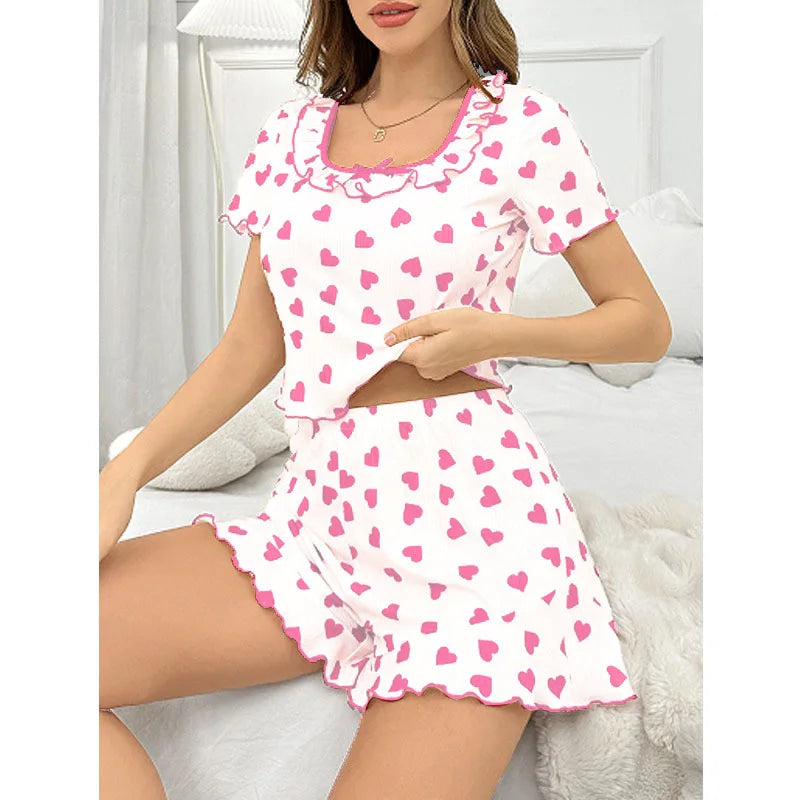 Women’s Love Print Pajama Set – Summer Square Neck Short Sleeve T-Shirt & Shorts Loungewear Sleepwear Set