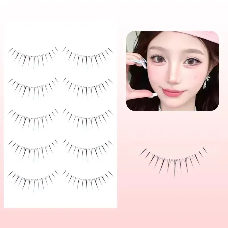 5 Pairs Manga False Eyelashes β Wispy Soft Cluster Lashes Natural Thick Clear Band Korean Anime Style Makeup Lashes