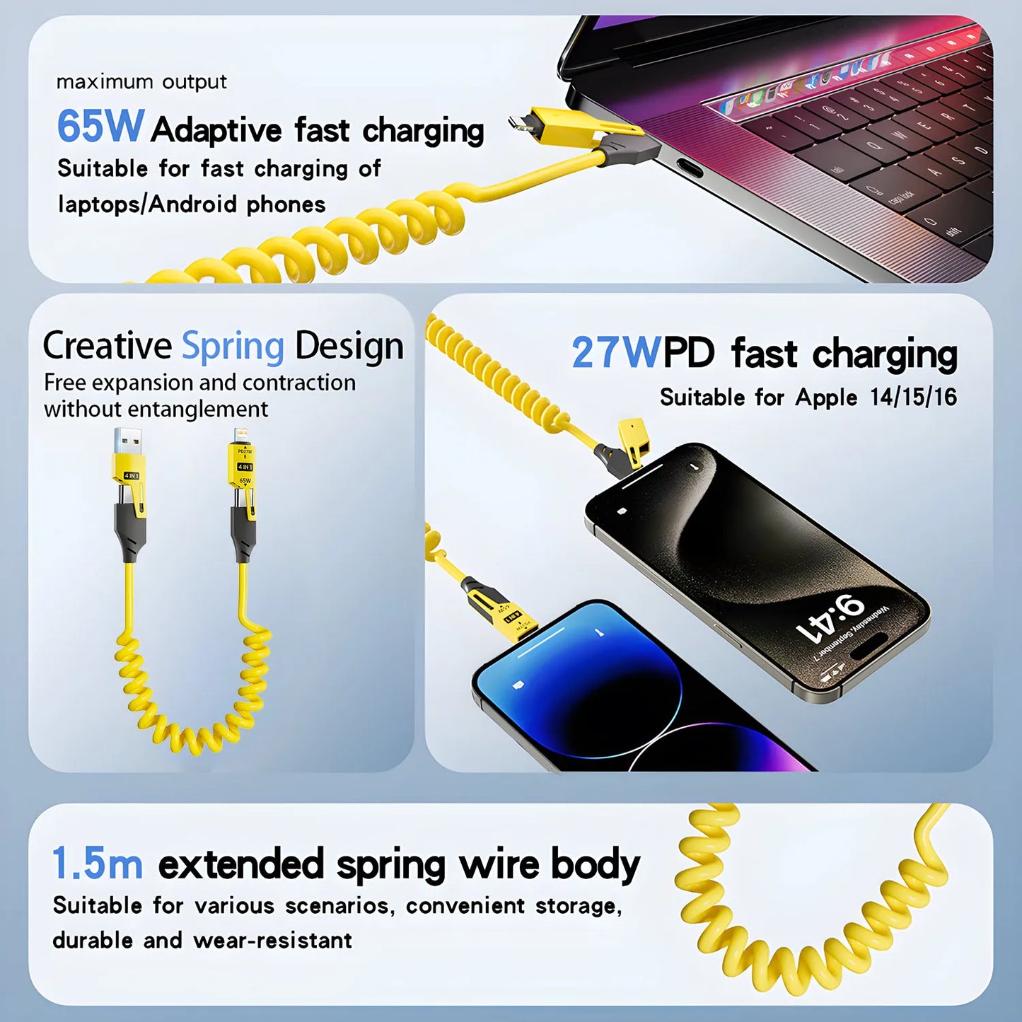 4-in-1 65W Spring Data Cable - 6A USB Type C Telescopic Quick Charger Wire for iPhone 15/14/13/12