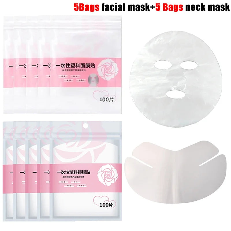 Disposable Full Face & Neck Beauty Wraps - 100/500pcs Transparent Plastic Film Mask Covers