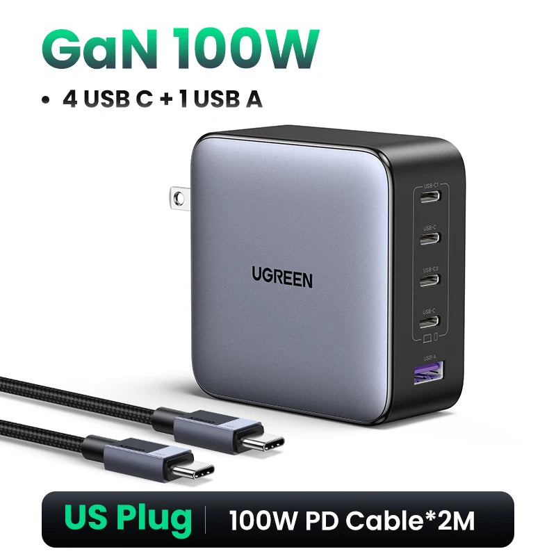 UGREEN 100W GaN 5-Port USB-C Charger – Fast Charger QC4.0/3.0 PPS for MacBook, Laptop, iPhone 16/15/14 Pro, Tablet