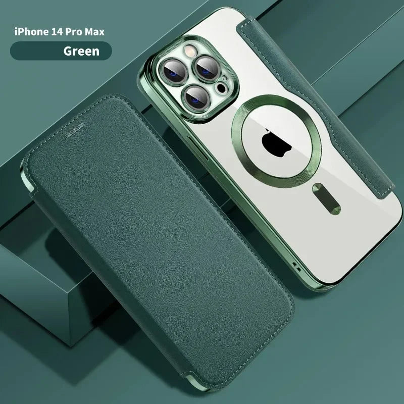 Electroplated Flip Leather Case for iPhone 16, 15, 14, 13, 12 & 11 Plus Pro Max – Luxury MagSafe Wireless Charging Protective Cover