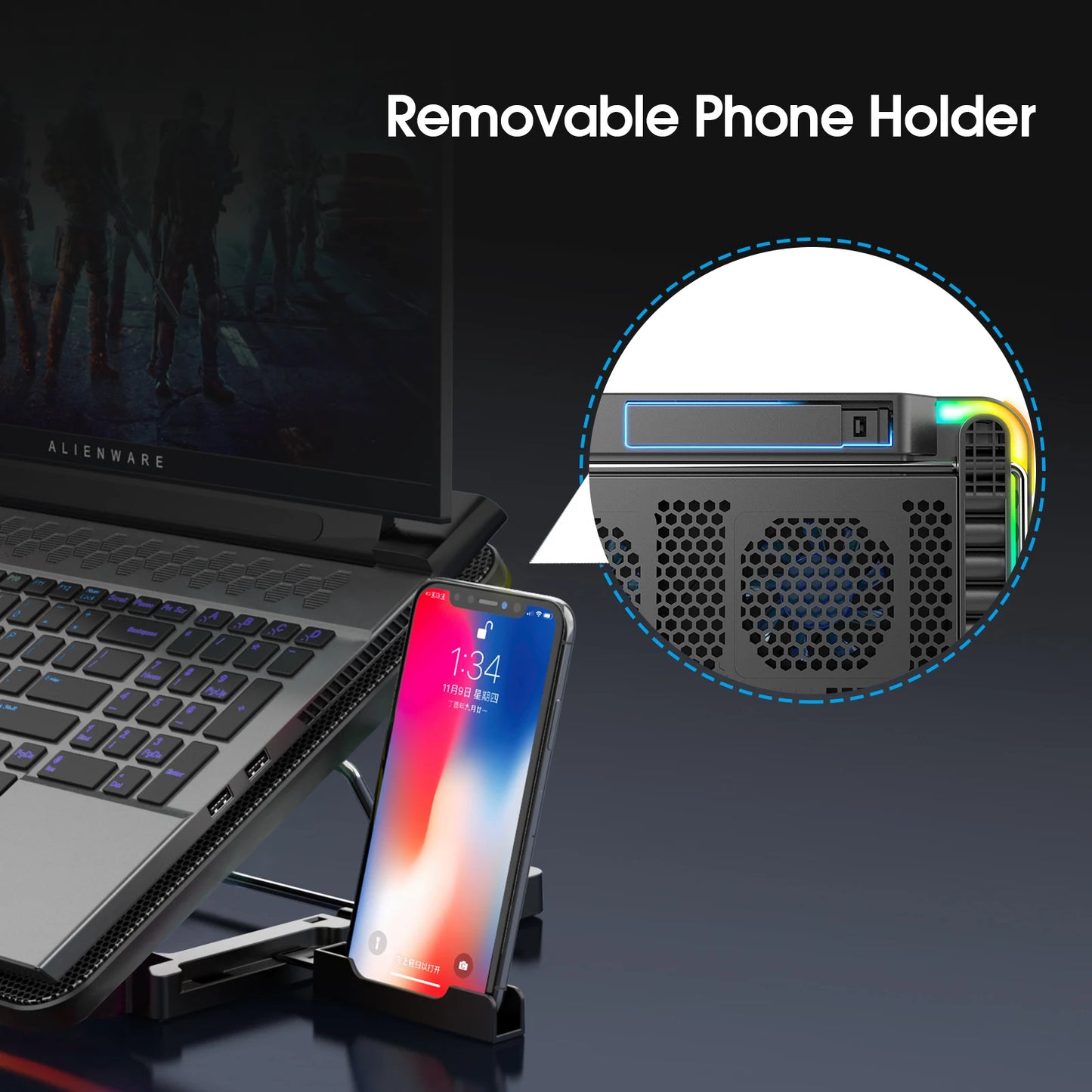 Coolcold 15.6–17.3 Inch Laptop Cooling Pad with 6 Quiet Fans, 7-Level Height & Wind Speed Adjustment, Laptop Cooler with Mobile Phone Holder