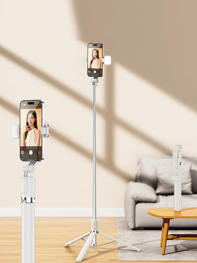 170cm/67in Selfie Stick Tripod – Extendable Aluminum Stand with Fill Light & Bluetooth Remote, Compatible with iPhone & Android