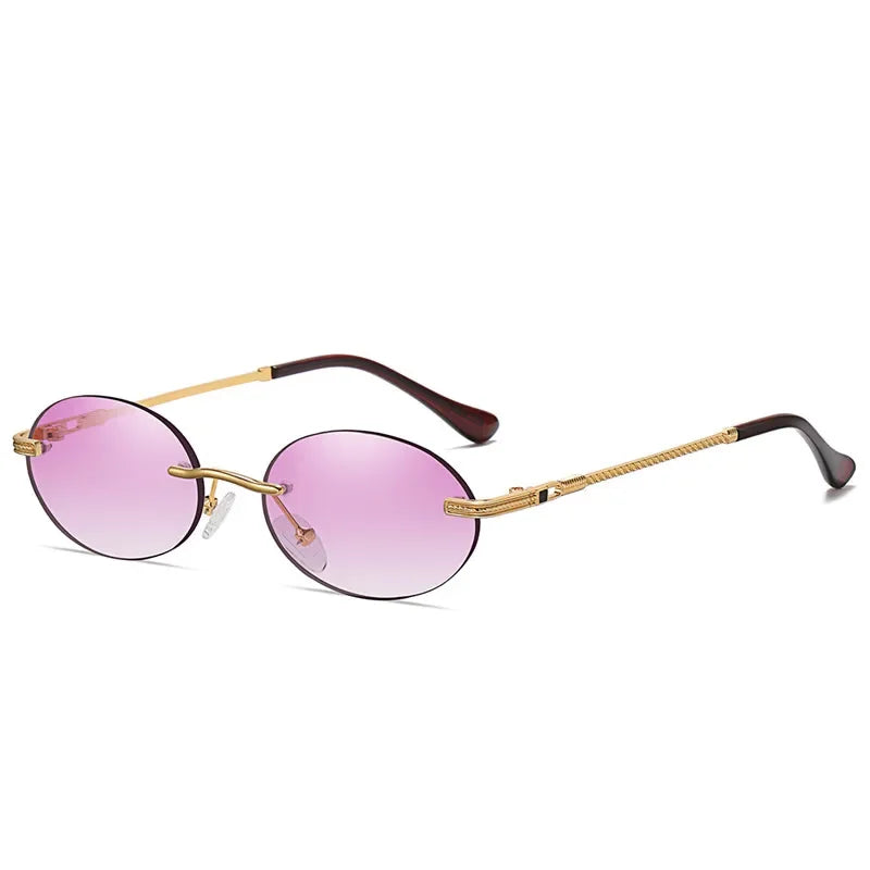 Retro Oval Rimless Sunglasses – Blue Mirror Gold Metal UV400 for Men & Women