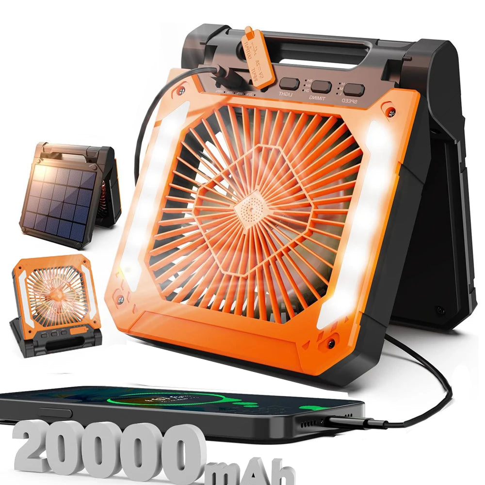 20000mAh Portable Electric Fan with LED Light — USB, Solar & Car Charging for Camping