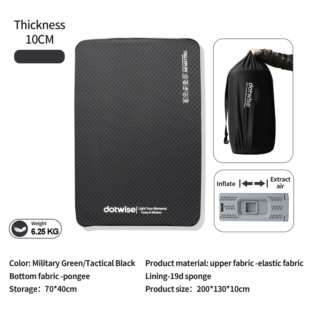 DOTWISE Self-Inflating Camping Mattress - 10cm Thick Portable Sleeping Pad for Single or Double Person Use