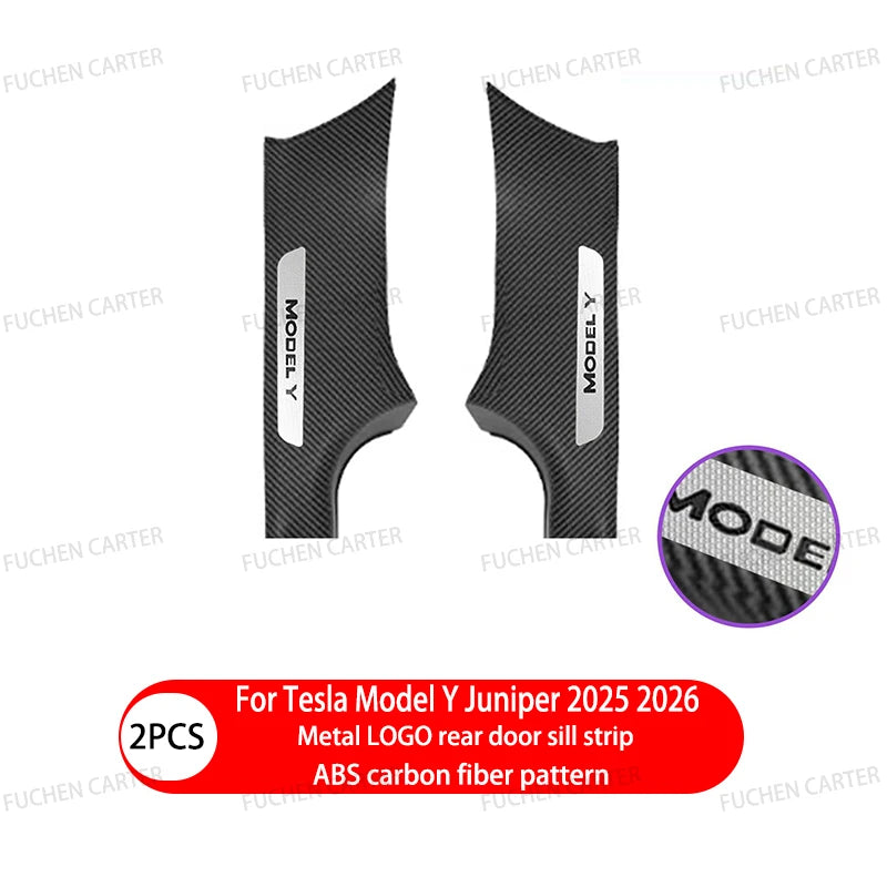Tesla Model Y Juniper 2025–2026 Metal Logo Door Sill Protectors – Front and Rear Anti-Kick Threshold Guard Strips