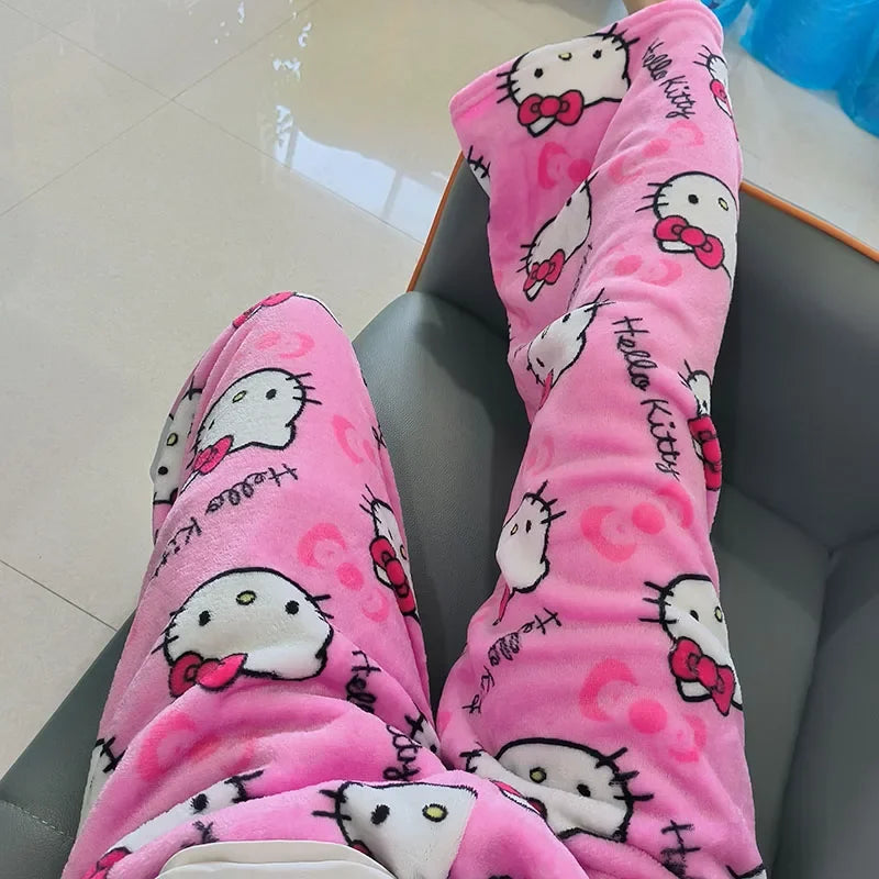 Thick Hello Kitty Fleece Pajama Pants – Soft Double Elastic Anime Trousers for Women, Cute Sanrio Birthday Gift
