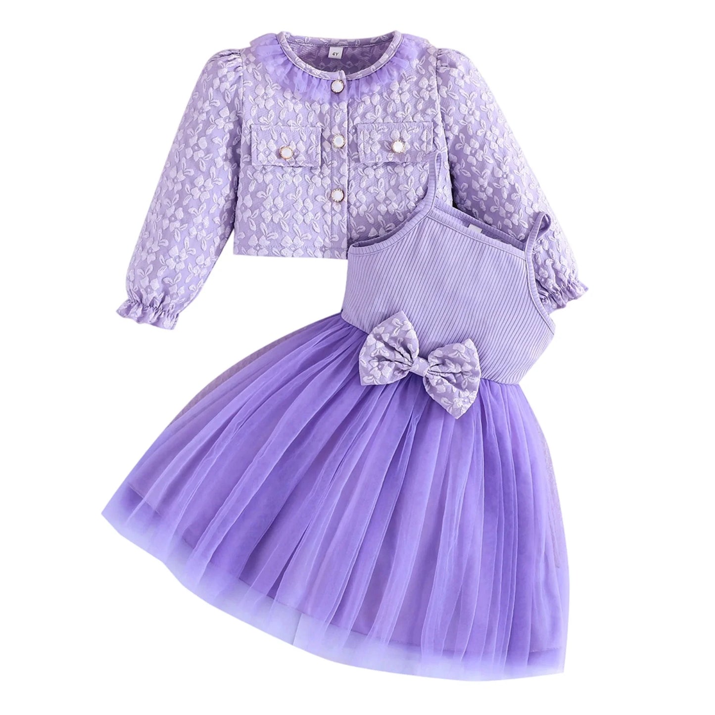 Girls' Summer & Fall 2-Piece Set – Tulle Patchwork Slip Dress with Flower Jacket, Casual Outfit for Ages 2-8Y