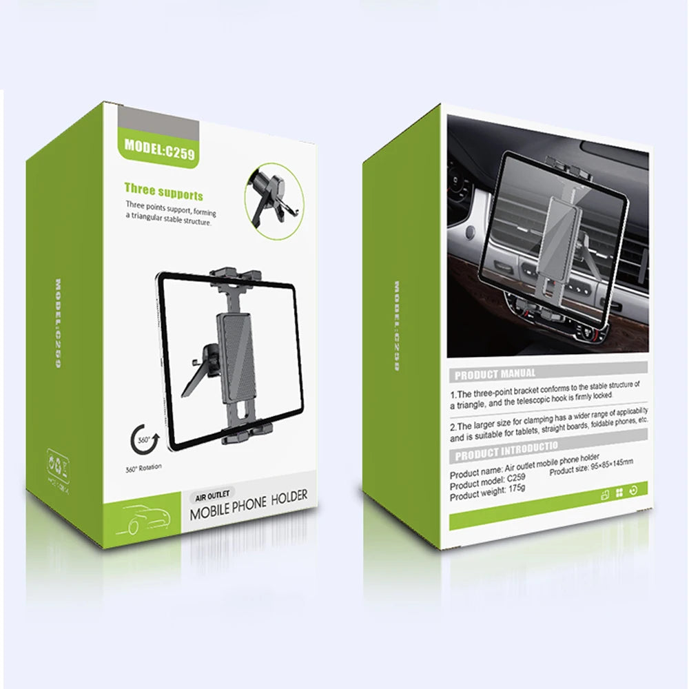 Universal Car Tablet Holder - 360° Rotating Adjustable Air Vent Mount for iPhone, iPad, Samsung & Xiaomi Devices