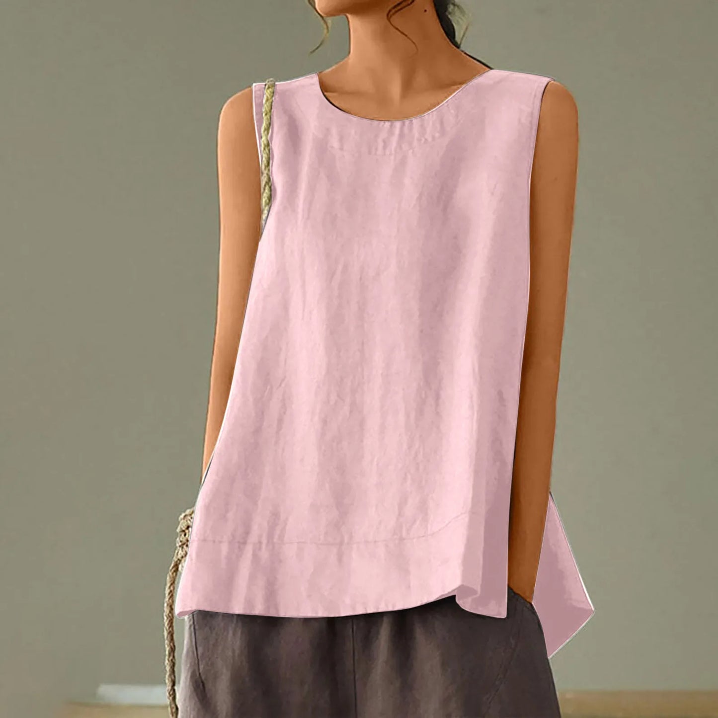 Women’s Summer Oversized Linen Vest Top - Retro Solid Color Sleeveless Round Neck Casual Breathable Shirt