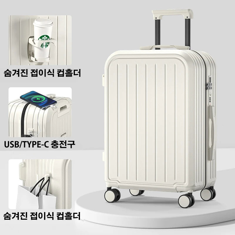 Large Capacity Trolley Suitcase – 20/22/24/26/28" Travel Luggage with Cup Holder for Business & Leisure