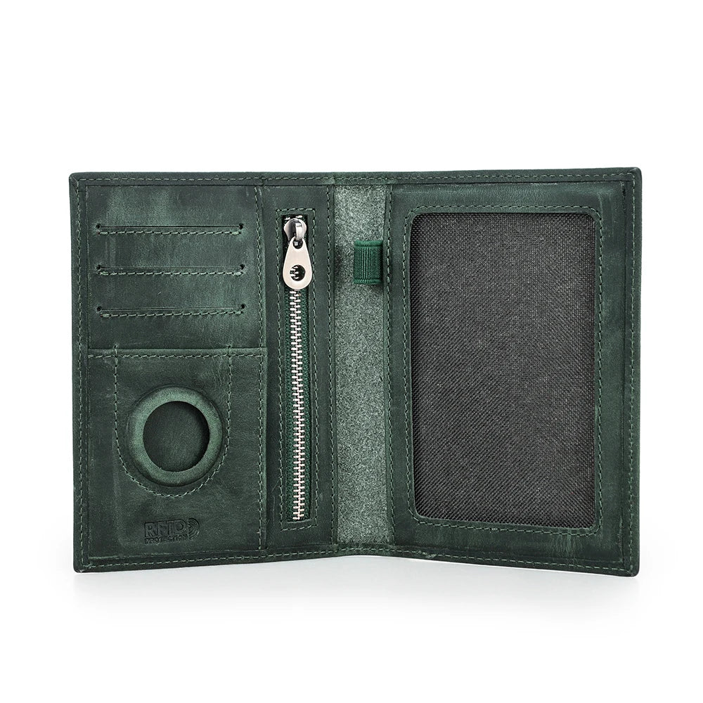 Genuine Cow Leather Passport Holder with AirTag Case β RFID Blocking Travel Wallet with Pen, Card Holder & Anti-Lost Pocket