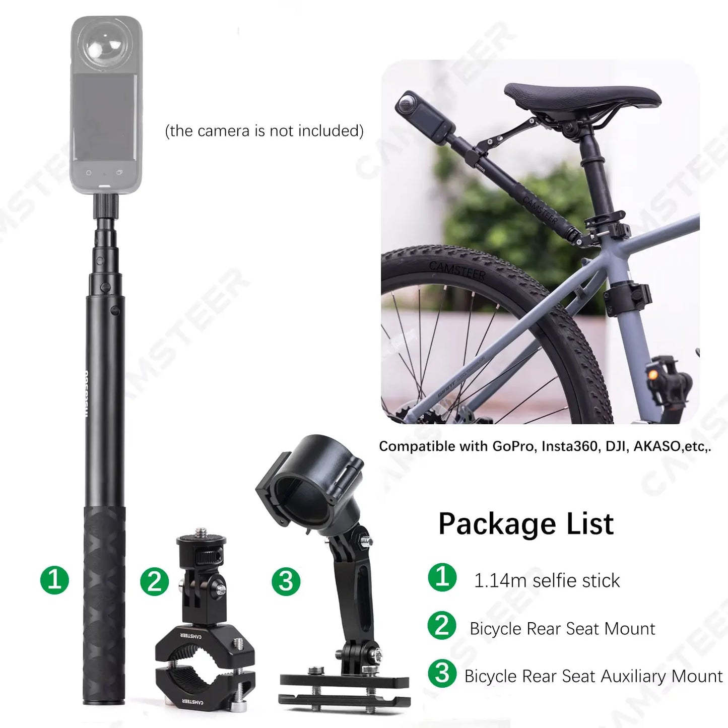 Camsteer Premium Bicycle Backseat Camera Mount – Third-Person View Holder for GoPro Hero 13-10, Insta360 X5-X2, Ace Pro2 & DJI 5 Cameras