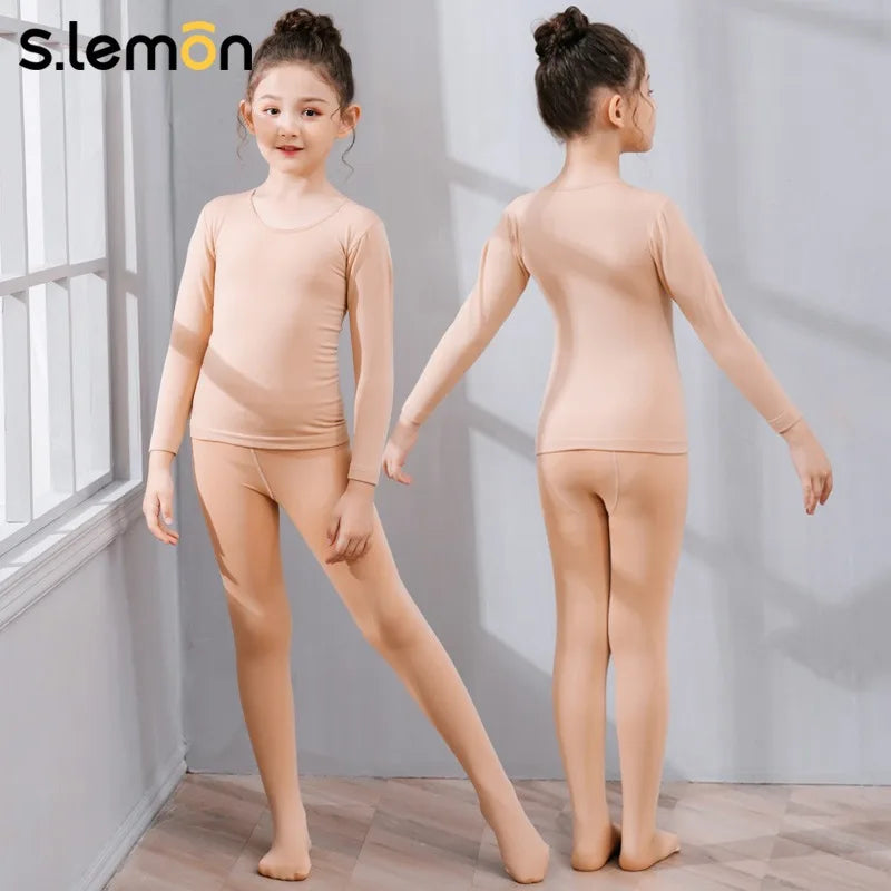 Girls Long Sleeve Dance Base Layer - Invisible Thin Fleece Warm Undershirt for Toddlers