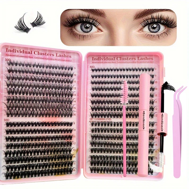 640Pcs Eyelash Extension Kit – D Curl 9-16mm Lash Clusters with Bond & Seal, Tweezers, and Brush