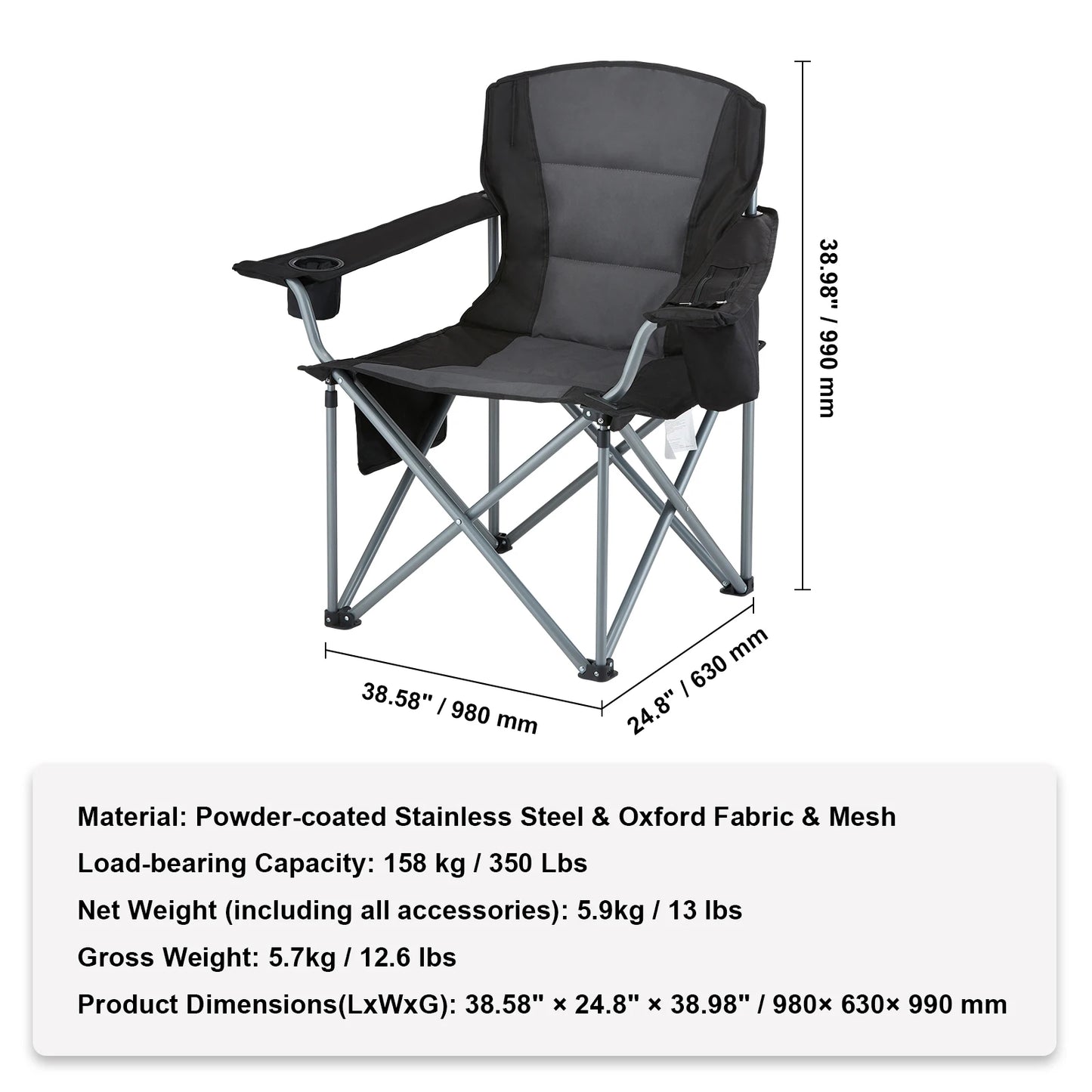 Camping Folding Chair — Portable Padded Armchair with Lumbar Support & Side Pockets for Beach, Lawn, Picnic