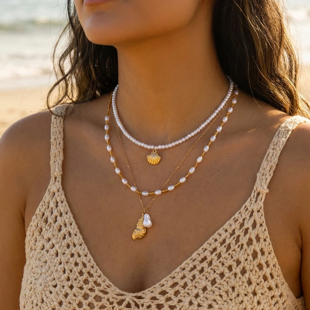 Bohemian Shell Layered Necklace - Vintage Starfish & Turtle Blue Beaded Beach Jewelry for Women