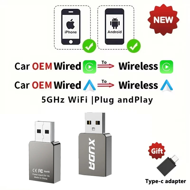 XUDA 2025 Wireless CarPlay & Android Auto Adapter – Smart Mini Plug & Play Box with Fast WiFi Connection, Universal for Nissan Vehicles