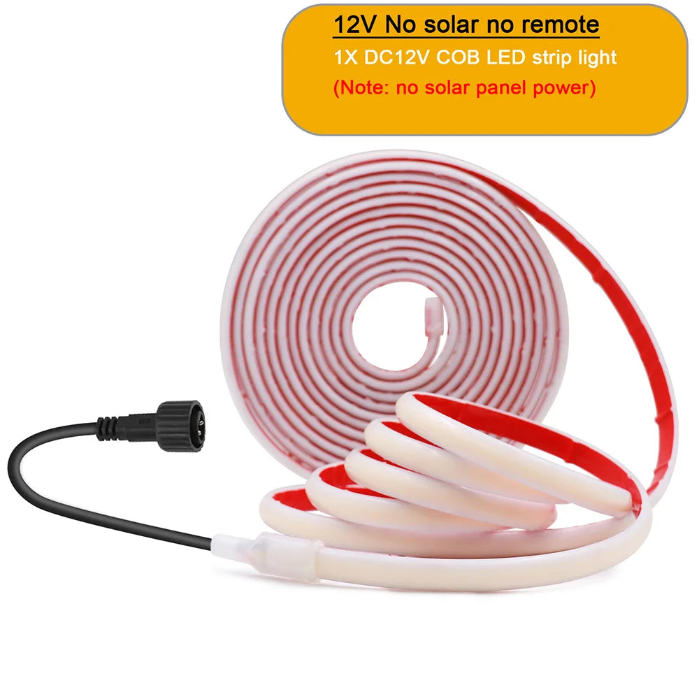 12V/24V Solar COB LED Strip Light IP68 Waterproof Flexible Tape Lamp 320 LEDs Warm & Natural White for Garden Decoration β 0.5M/1M/2M/5M