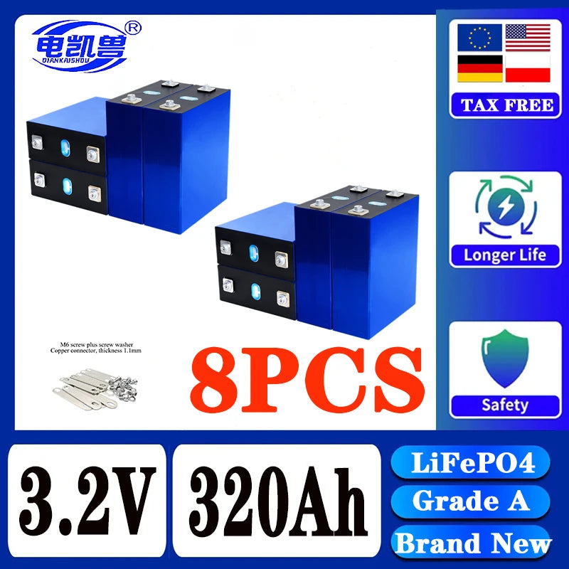 320Ah LiFePO4 3.2V Rechargeable Battery β 8000 Cycles for DIY 12V/24V/48V Caravan, Marine & Solar Energy Systems