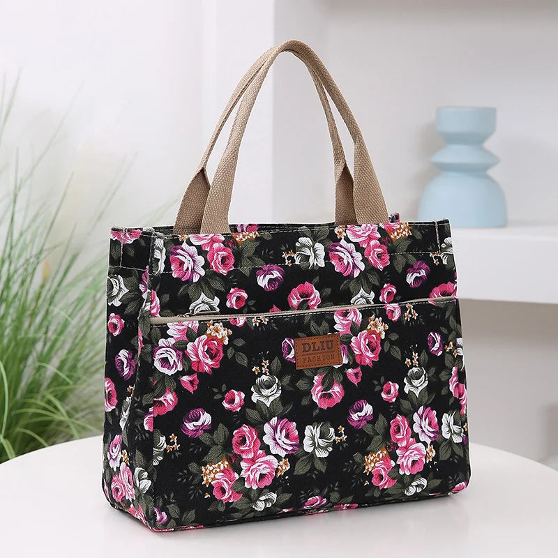Women’s Floral Print Canvas Tote Bag – Portable Lunch Bag Casual Handbag Bento Mommy Bag for Picnic & Travel