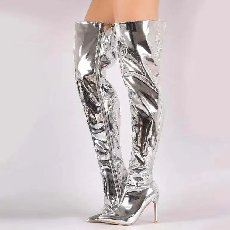 Women’s Mirror Platform Boots – Pointy Toe Punk High Thin Heels, Over the Knee Long Boots, Autumn & Winter Casual Party Shoes