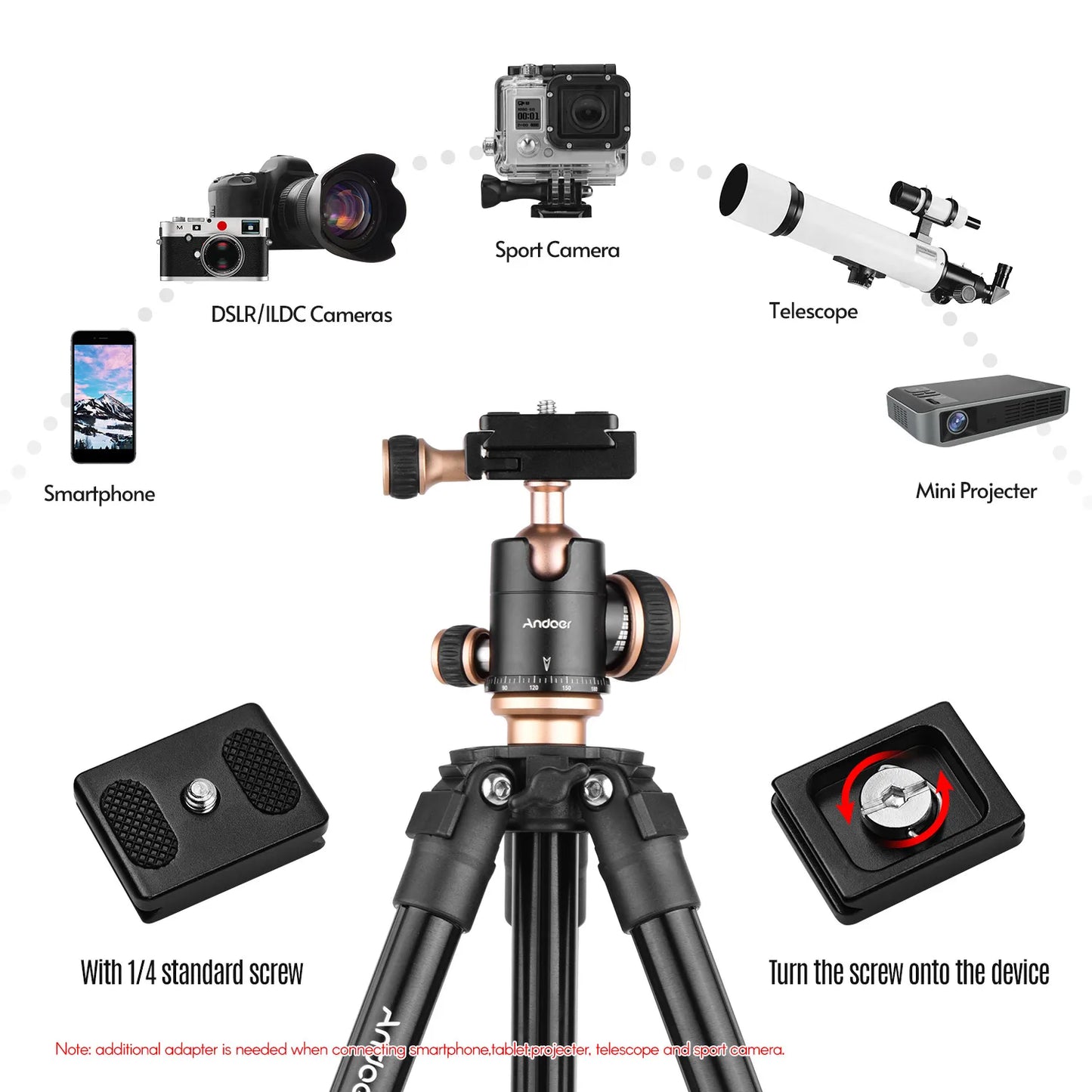 Andoer Q160SA Camera Tripod – Panoramic Ballhead for DSLR, Digital Cameras, Camcorders, Canon, Nikon, Sony