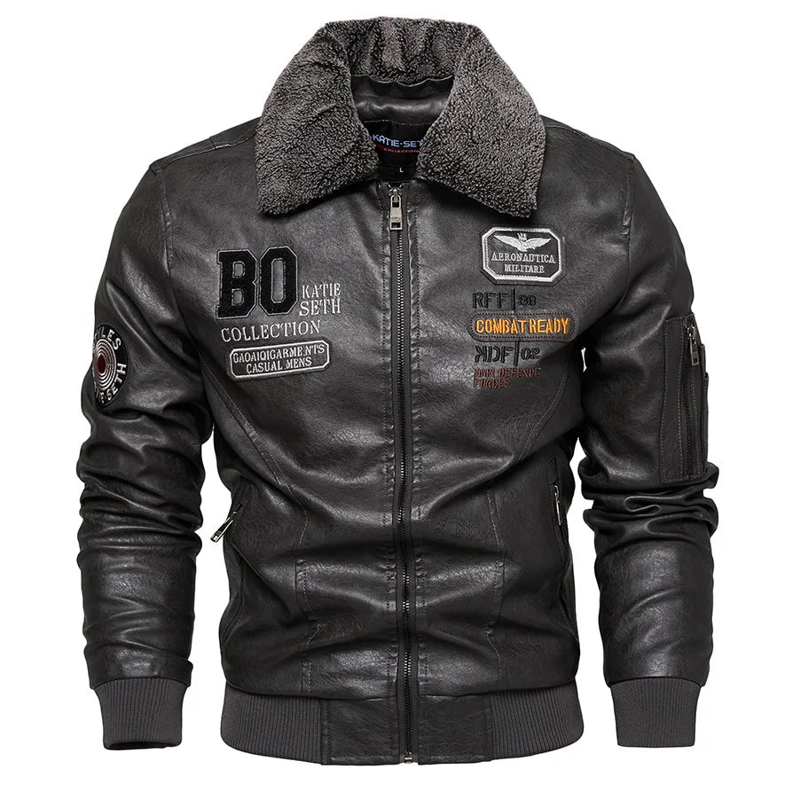 Men's Slim Fit Leather Bomber Jacket - Fur Collar Warm Flight Pilot Coat Black Outerwear