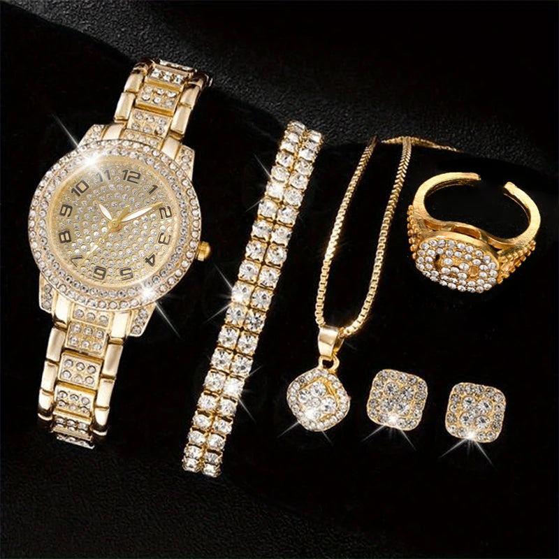 6PCS Women's Elegant Crystal Watch Set – Luxury Alloy Quartz Wristwatches with Rhinestone Bracelet, Perfect Gift for Ladies