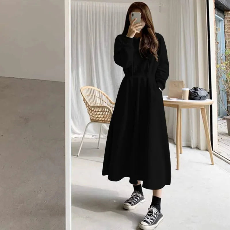 Women's Hooded Maxi Dress - Autumn Winter Long Sleeve Cotton Pullover A-Line Ribbed Dress