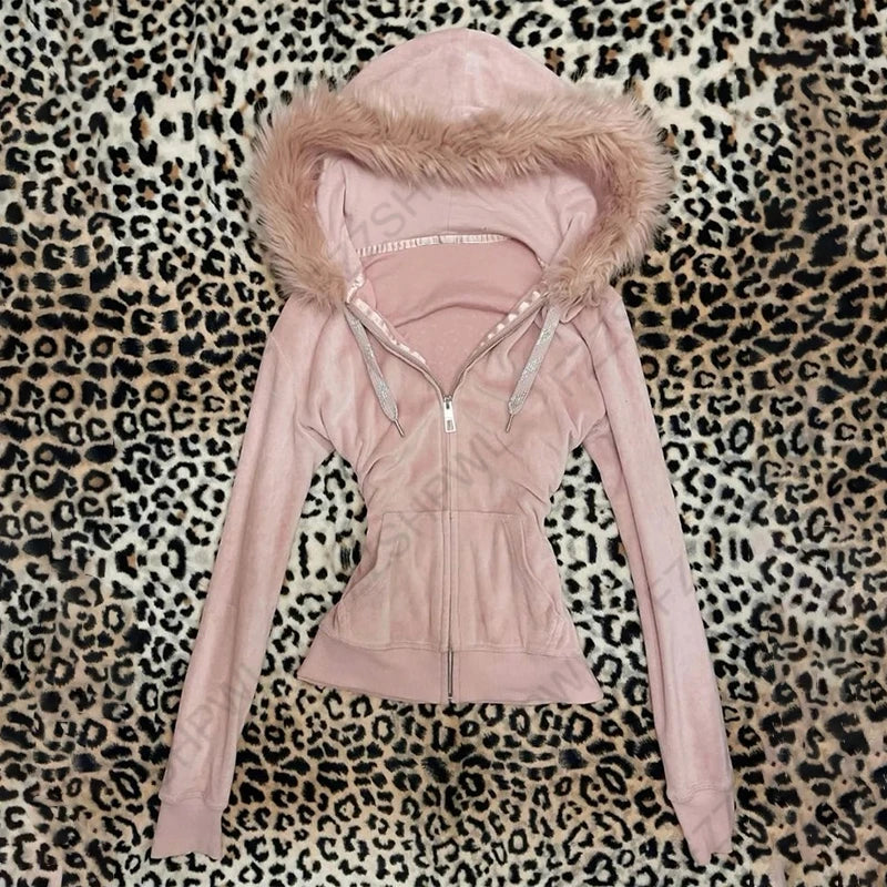 Women's Gothic Fur Collar Hoodie - Y2K Harajuku Slim-Fit Cardigan Sweatshirt for Autumn & Winter