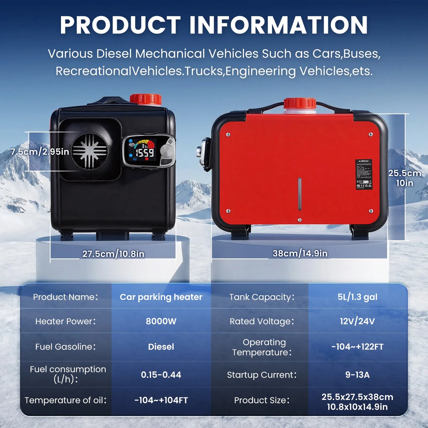 KROAK 5-8KW 12V/24V Diesel Air Heater - All-in-One Parking Heater with LCD Switch for Car, Truck, Boat & RV