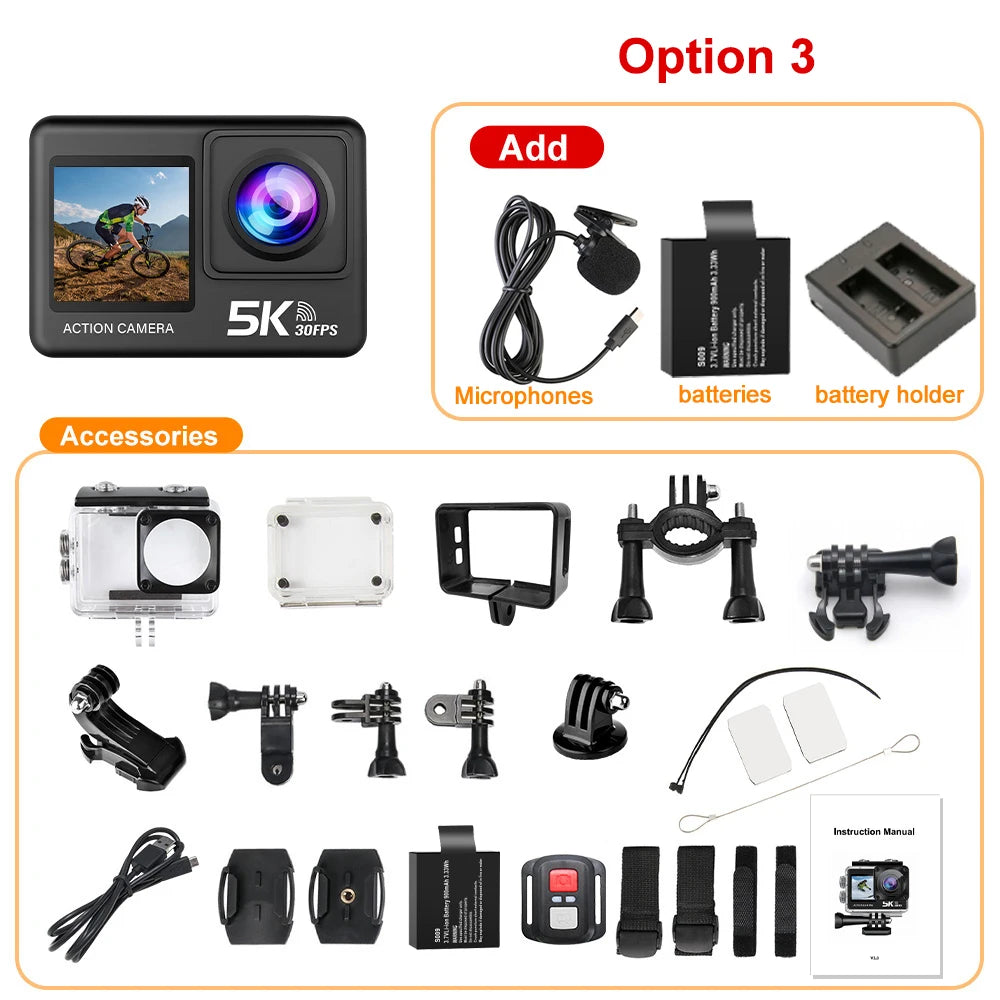 5K Action Camera – 4K60FPS, EIS, Dual Screen, 170° Wide Angle, 30M Waterproof Sport Camera with Remote Control