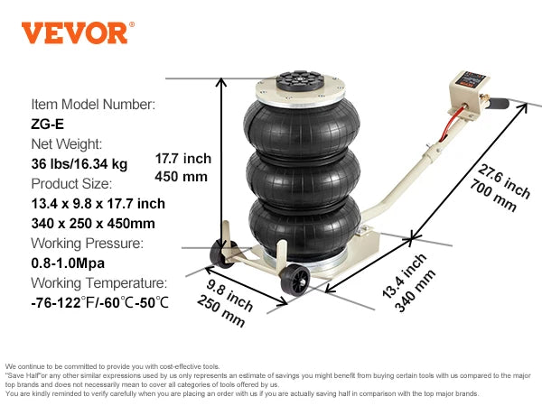 VEVOR Pneumatic Air Jack – 3 Ton/5 Ton Triple Bag Quick Lift Heavy Duty Car Repair Jack with Folding Rod & Two Wheels