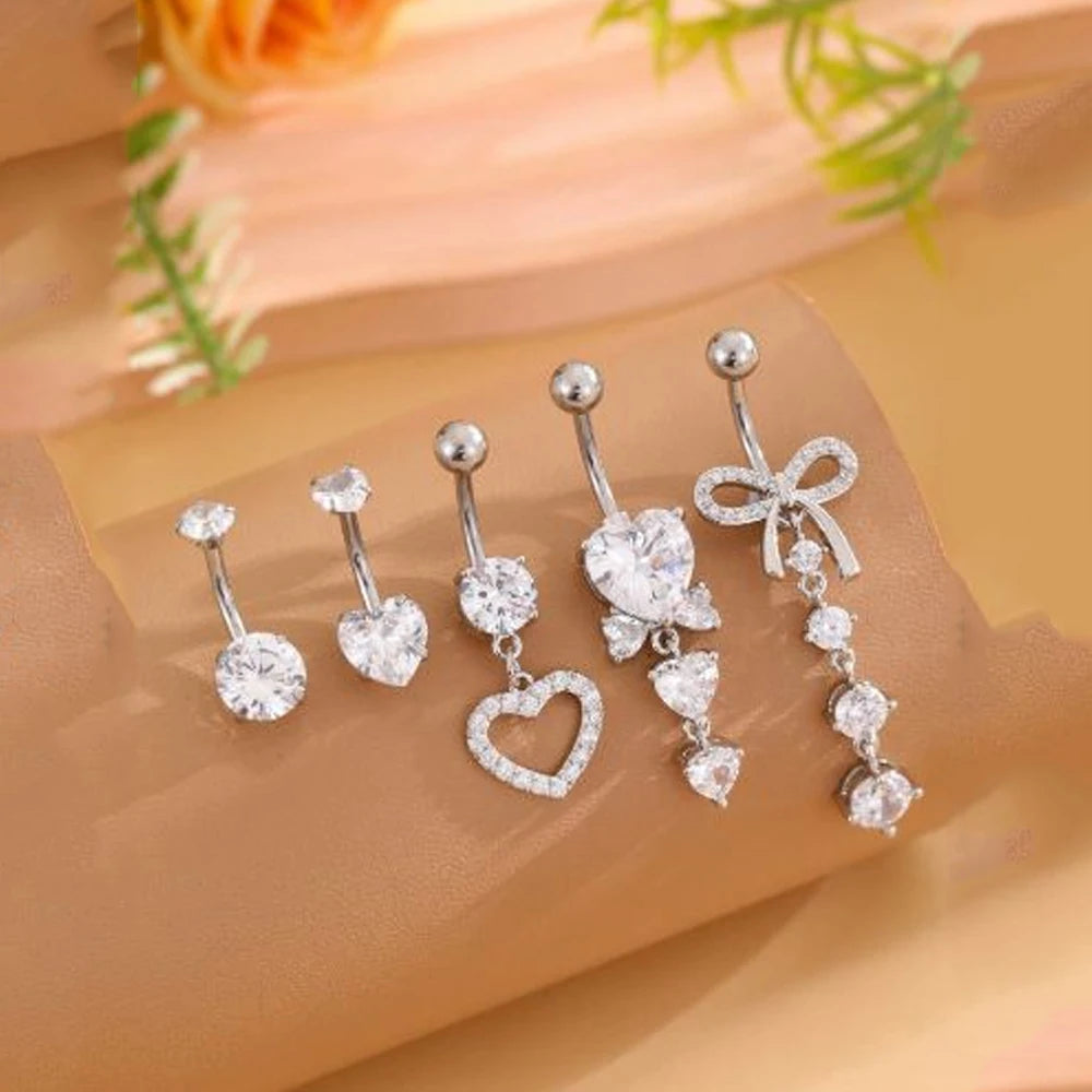 5PCS Belly Button Ring Set – 14G Curved Navel Piercing with Butterfly & Heart Charms, Body Jewelry for Women & Girls