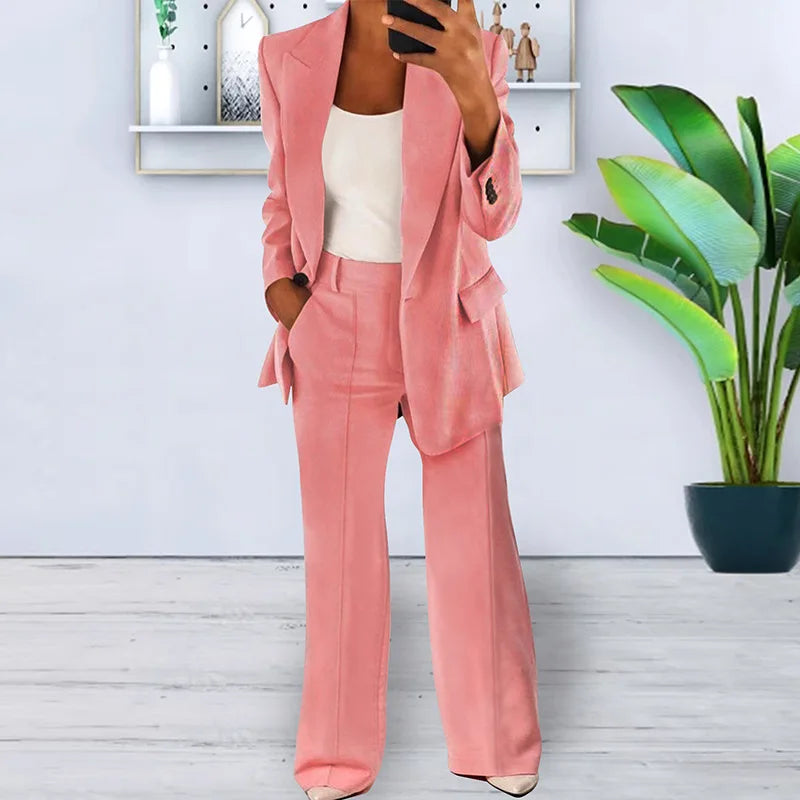 Women's 2 Piece Blazer Pant Set - Casual Single Button Jacket & High Waist Wide Leg Workwear Suit