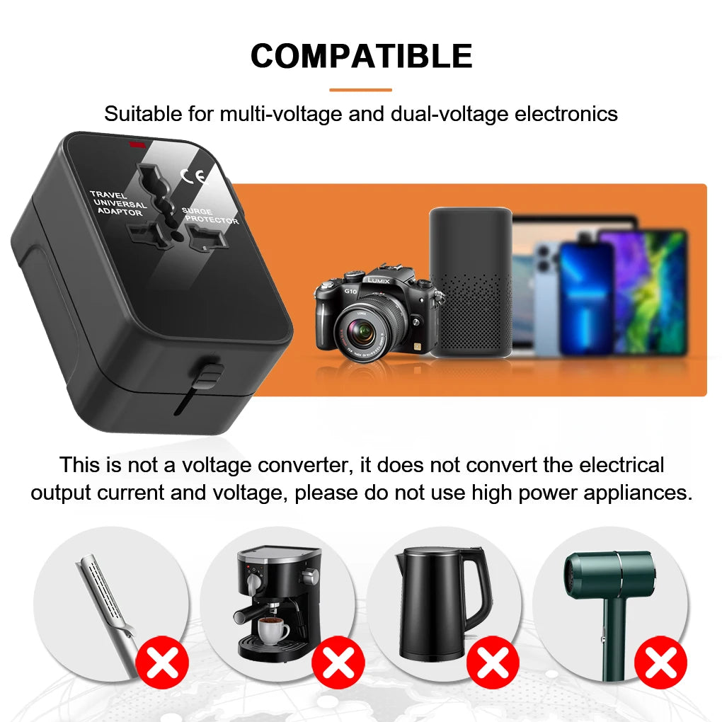 International Travel Adapter with USB-A QC18W & Type-C PD20W Fast Charger β Universal Wall Charger for UK, EU, AU, US Plugs