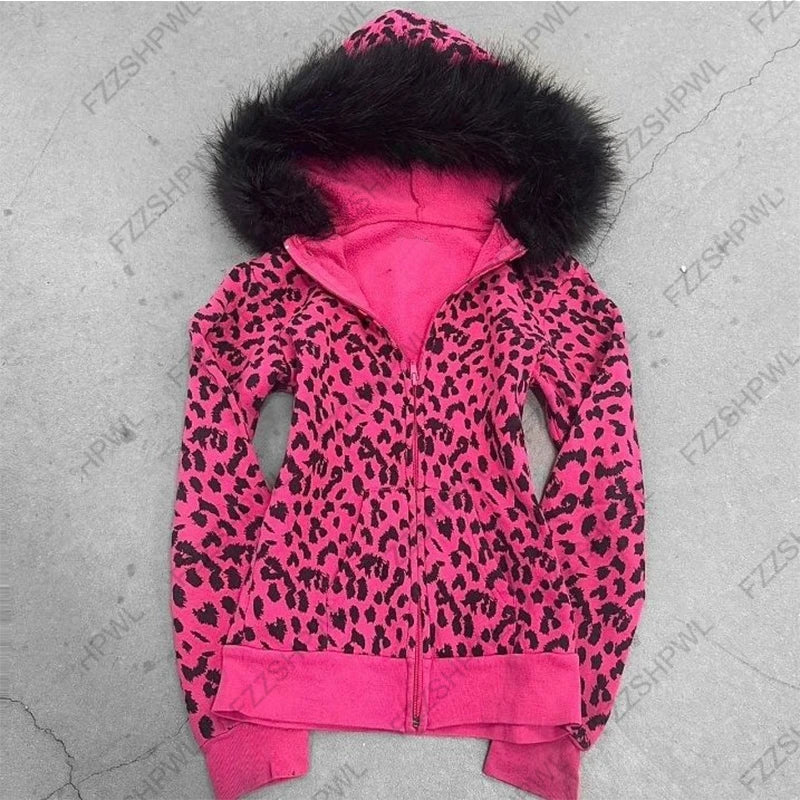 Pink Leopard Print Hooded Zipper Sweatshirt – Slim Fit Long Sleeve Streetwear for Spring & Autumn