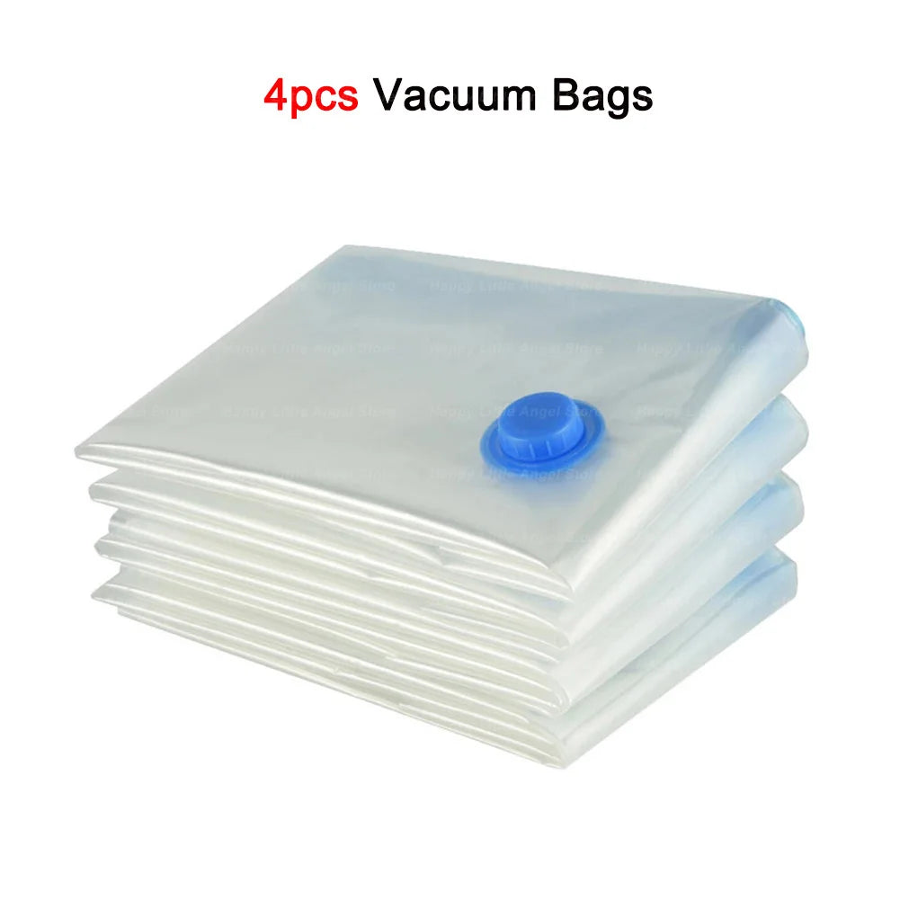 4pcs Reusable Transparent Vacuum Bags — Folding Compressed Space-Saving Storage for Clothes & Travel
