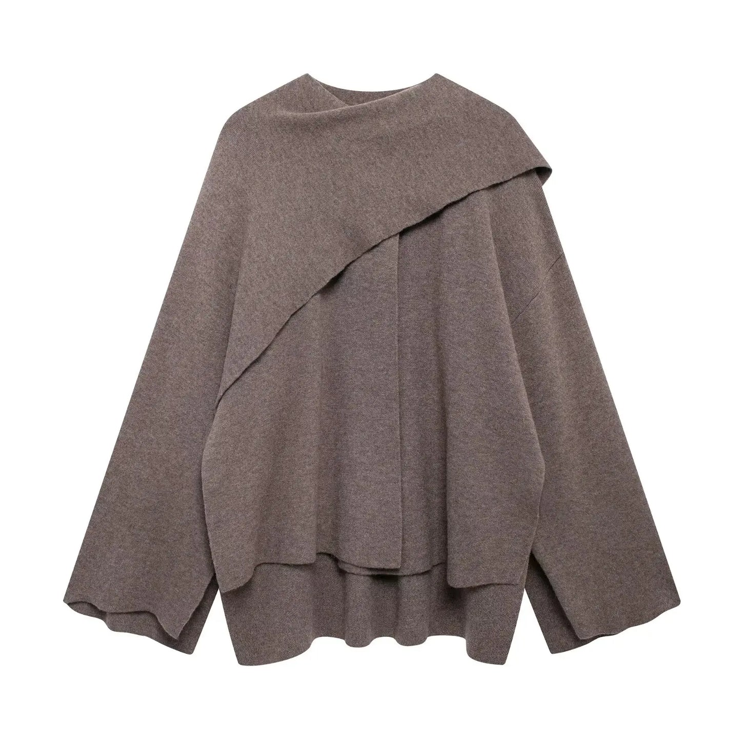 ZBZA Women’s Asymmetric Scarf Knitted Jacket – O Neck Single Button, Side Slit Loose Coat, Winter Chic Outerwear
