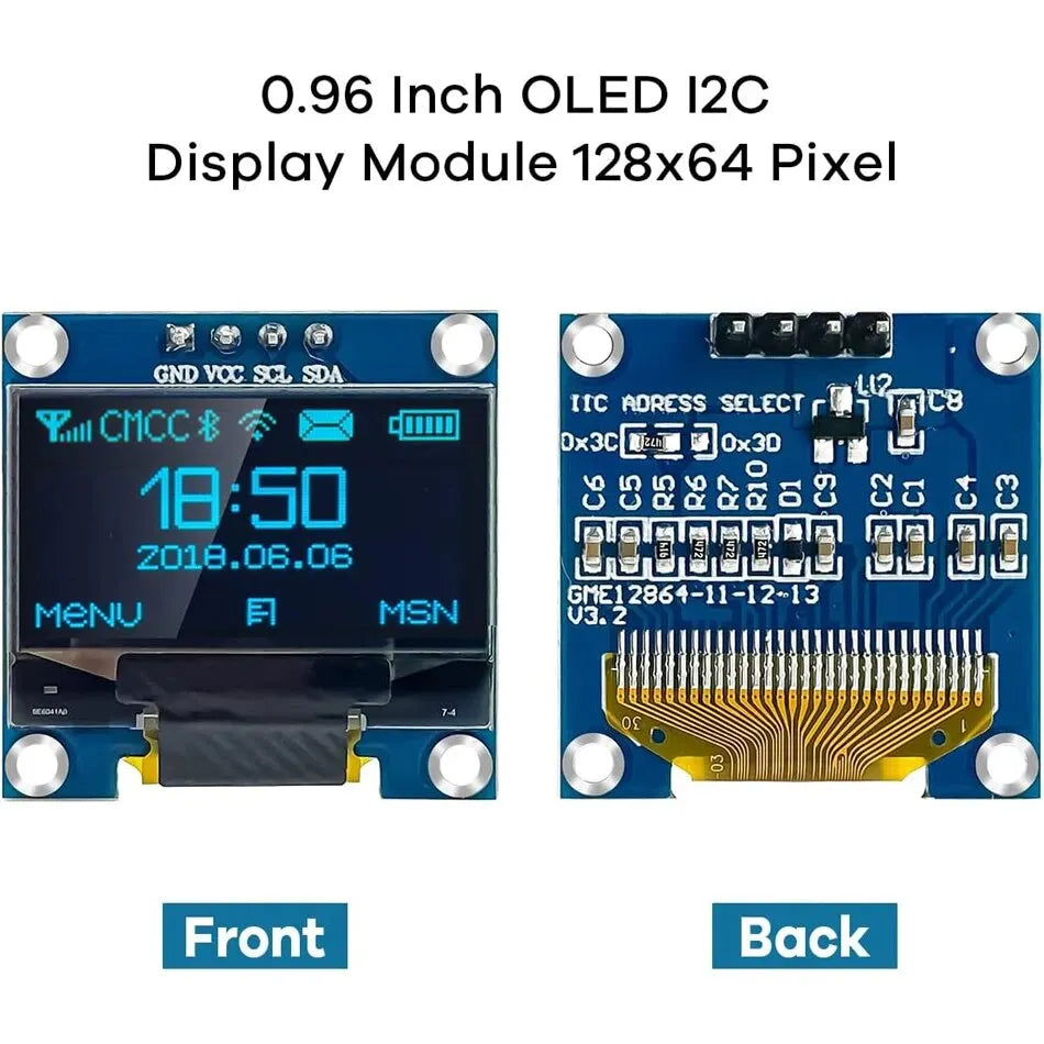 0.96-Inch OLED Display Module 128x64 I2C IIC - SSD1306 3.3V-5V Screen for Arduino ESP32 ESP8266
