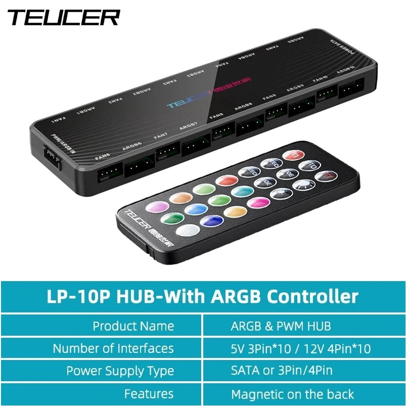 TEUCER LP-10 ARGB/PWM Fan Hub - 2-in-1 PC Fan Controller & ARGB Lighting Adapter