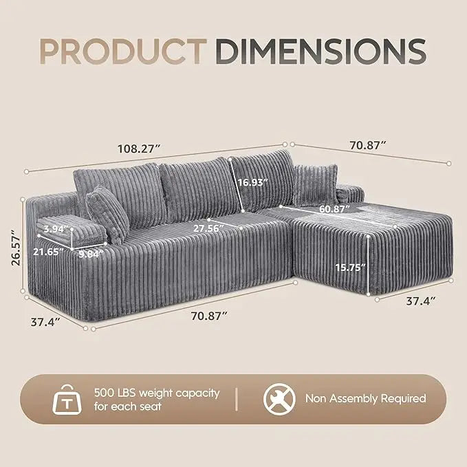 Modular L-Shaped 3-Seat Sectional Sofa — Memory Foam, Deep Seating & Storage