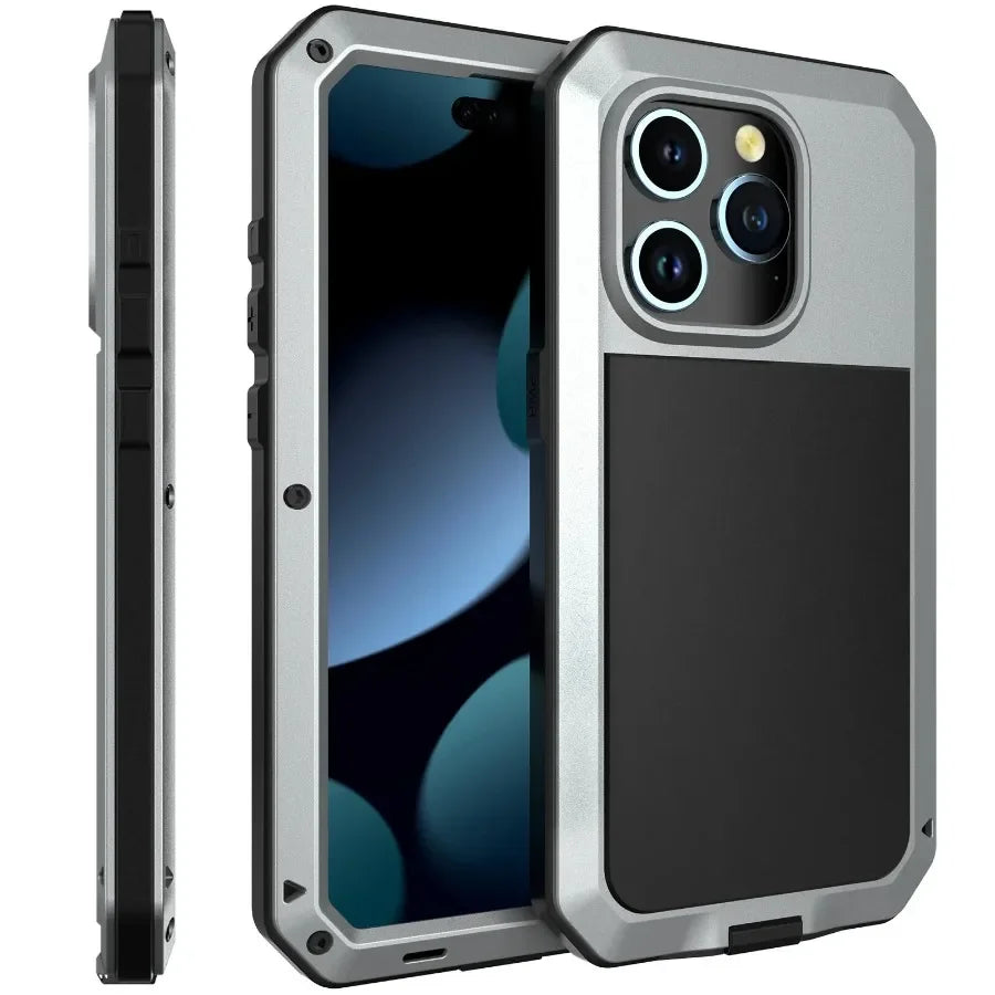 Heavy Duty Tank Metal Case – Shockproof Armor Cover with Gorilla Glass for iPhone 17, 16e, 16, 15, 14, 13, 12, 11 Pro Max, XR, X, 8 Plus